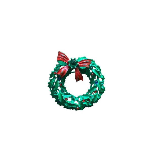Vintage Holiday Wreath Brooch Green Red Blue Stones Pin 2" Diameter - Picture 3 of 7